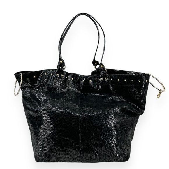 Ginette...etc Glossy Black Leather Snakeskin Textured Extra Large Bag - Picture 1 of 10